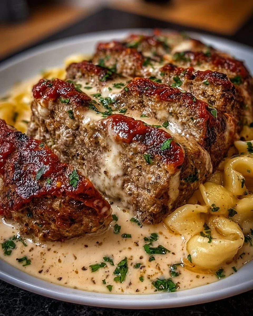 Delicious Garlic Parmesan Meatloaf served with herbs and garlic bread