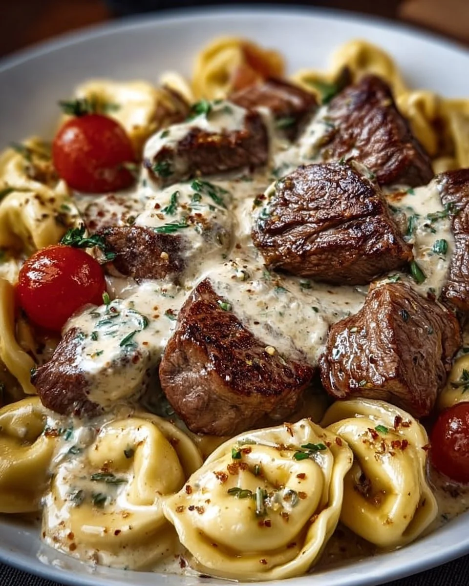 Delicious Garlic Steak Tortellini served on a plate with fresh herbs.