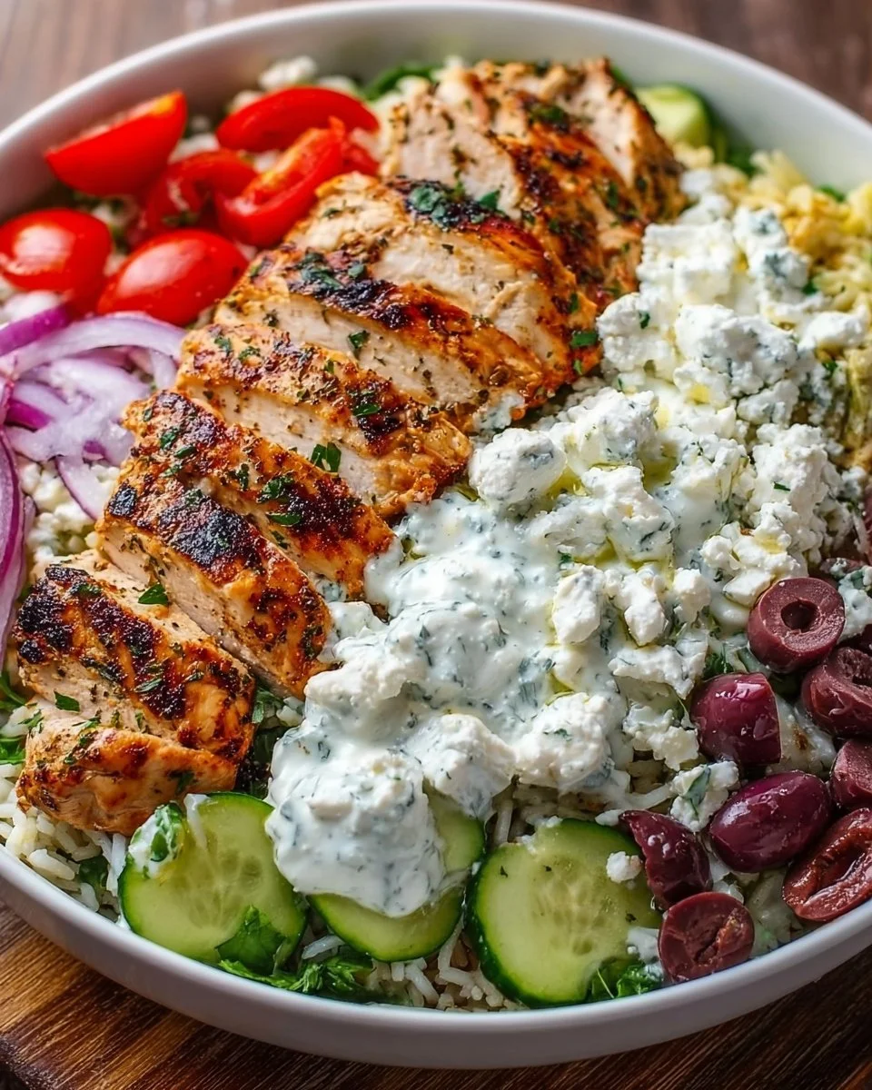 Delicious Greek Chicken Bowls with fresh vegetables and feta cheese