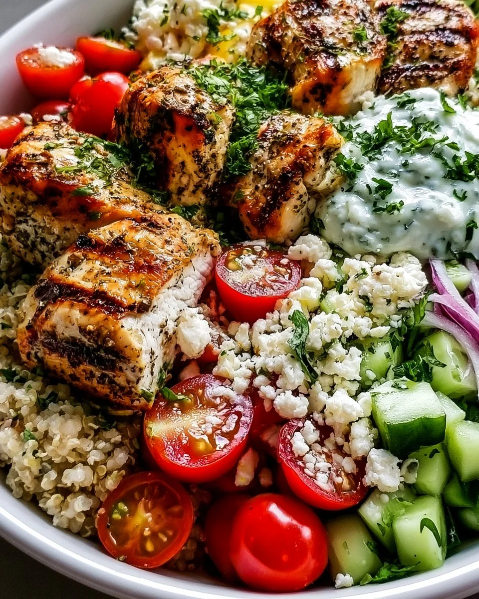 Delicious Greek Chicken Bowls topped with fresh vegetables and feta cheese.