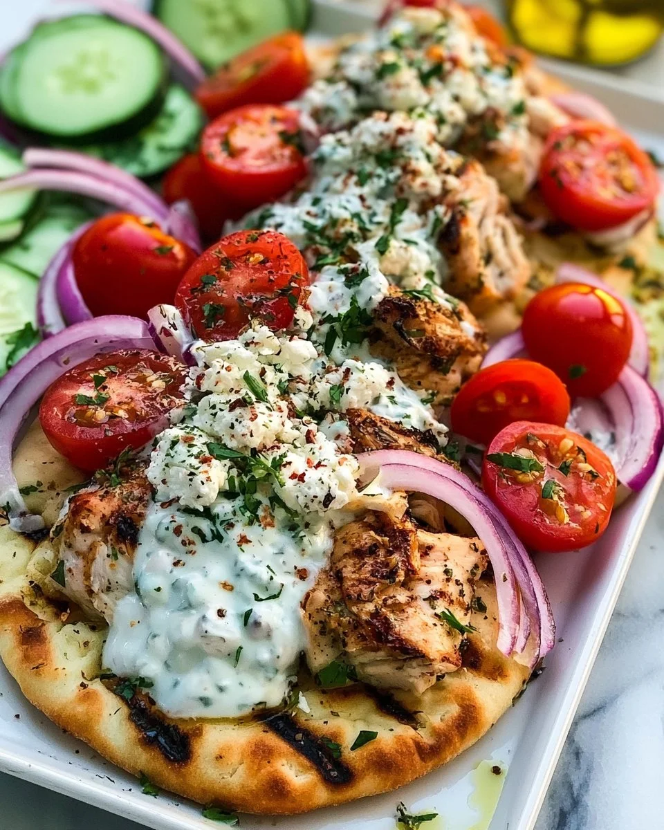 Delicious Greek Chicken Flatbread topped with fresh vegetables and herbs
