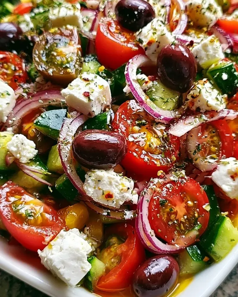 A colorful Greek salad with fresh vegetables, olives, and feta cheese