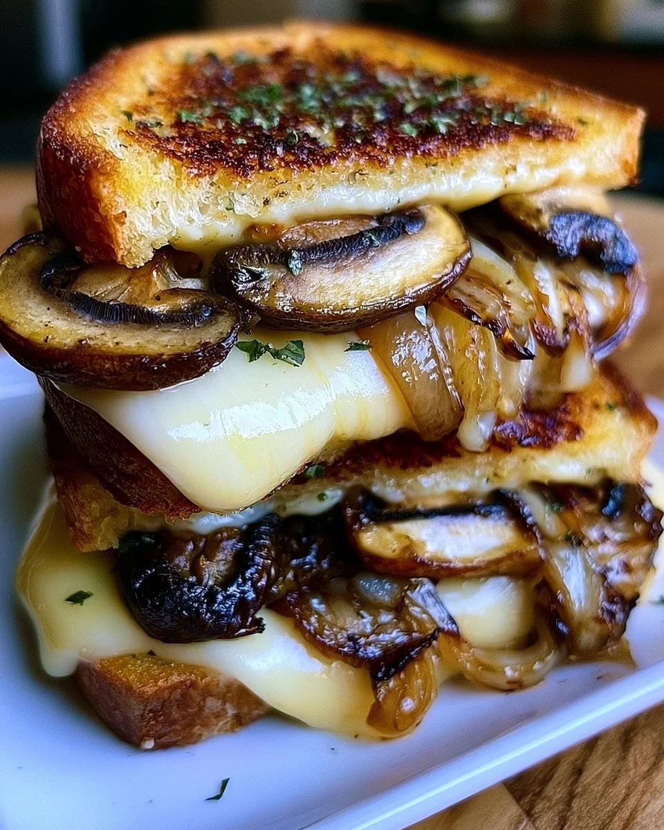Gourmet grilled cheese with Gouda, roasted mushrooms, and caramelized onion