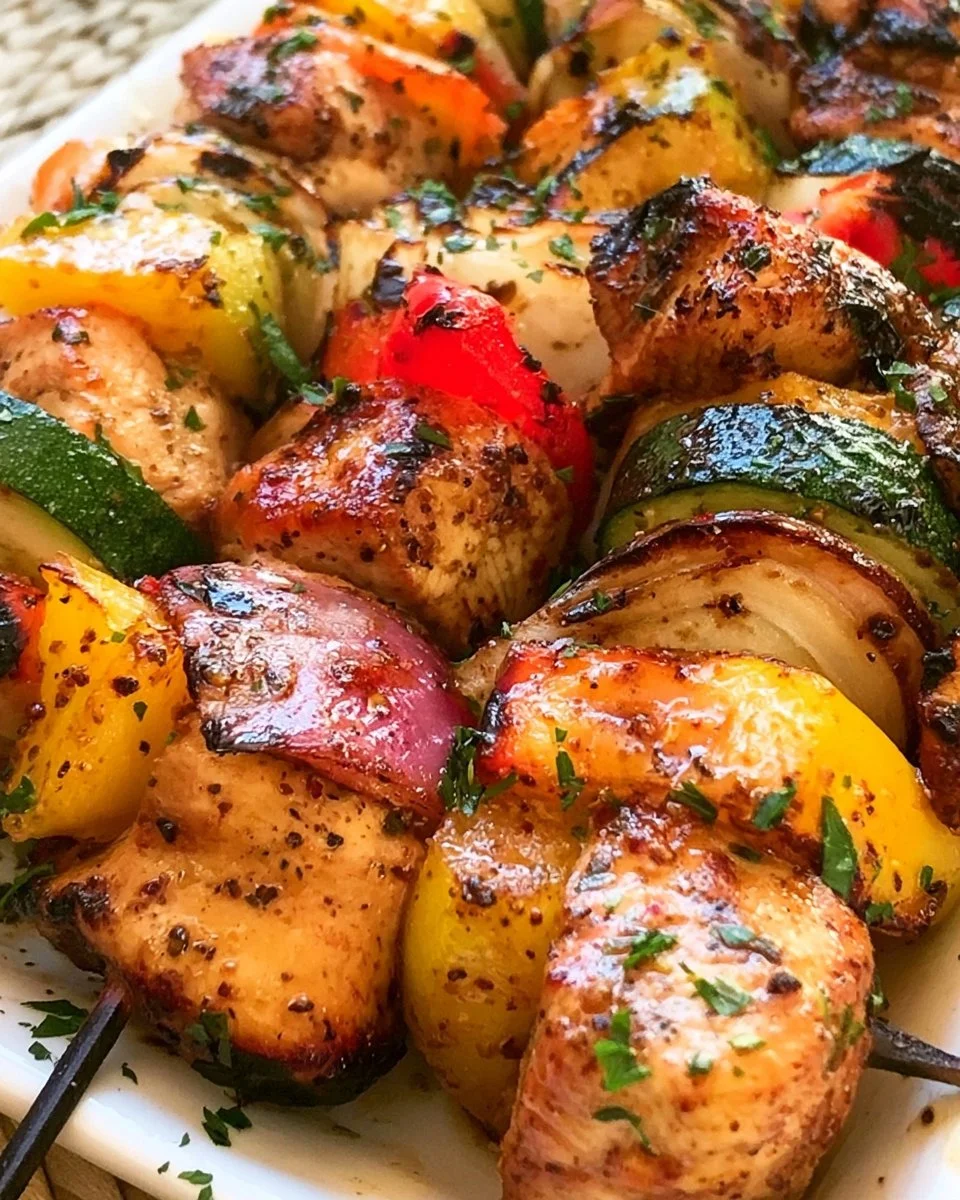 Delicious grilled chicken kabobs with colorful vegetables on skewers