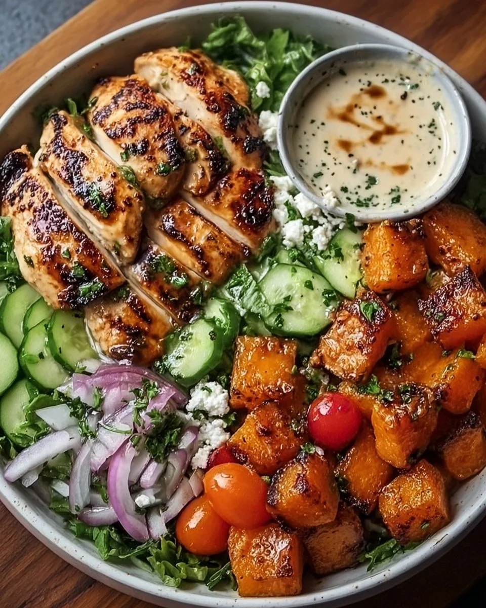 Delicious grilled chicken salad with fresh vegetables and dressing