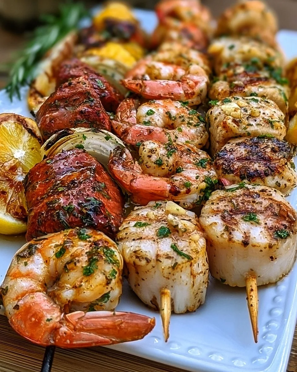Delicious grilled seafood skewers featuring shrimp, fish, and veggies