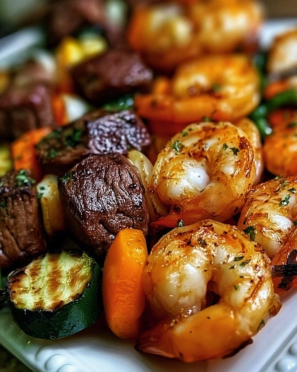 Delicious grilled steak and shrimp kabobs on a skewer with colorful vegetables
