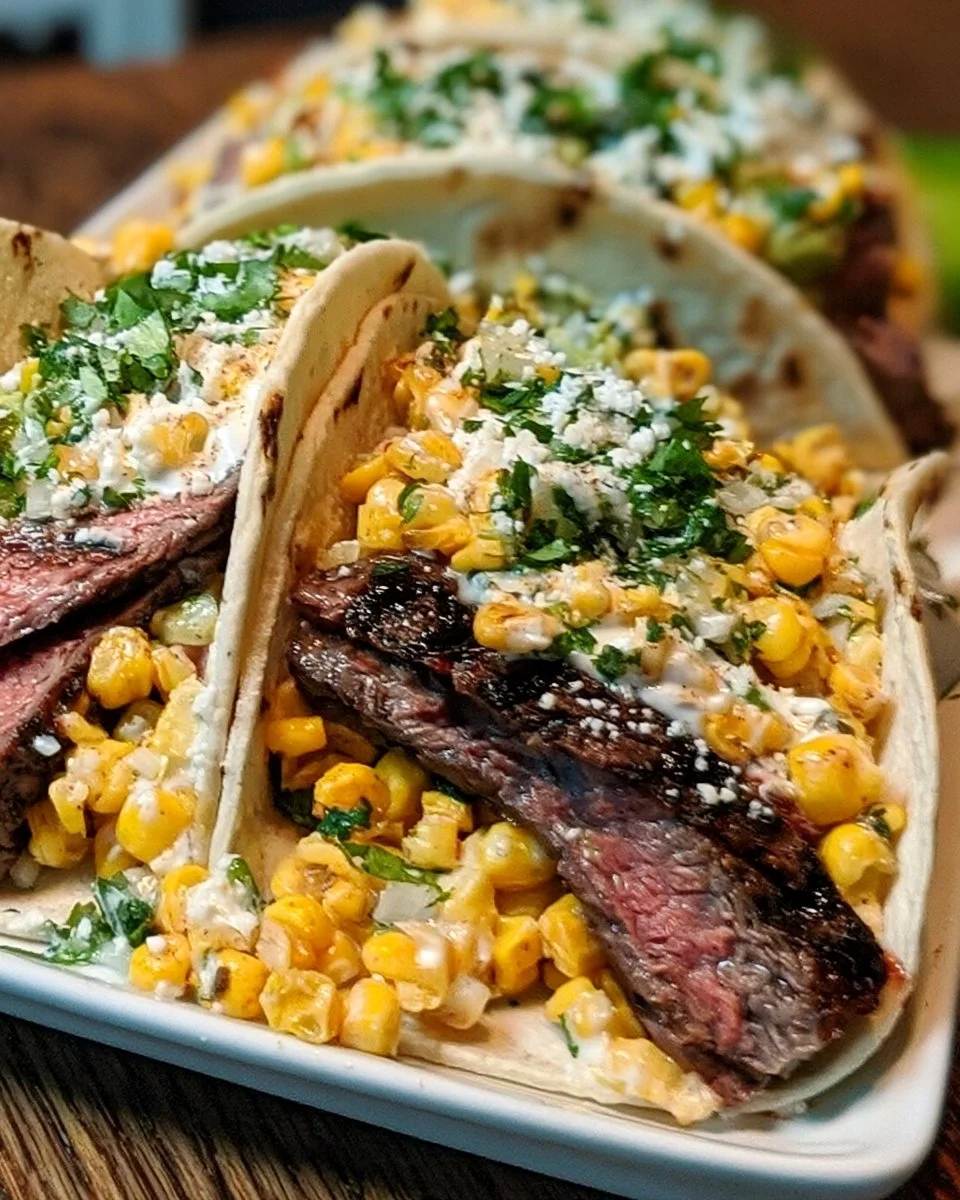 Grilled street corn steak tacos topped with fresh ingredients and vibrant flavors.