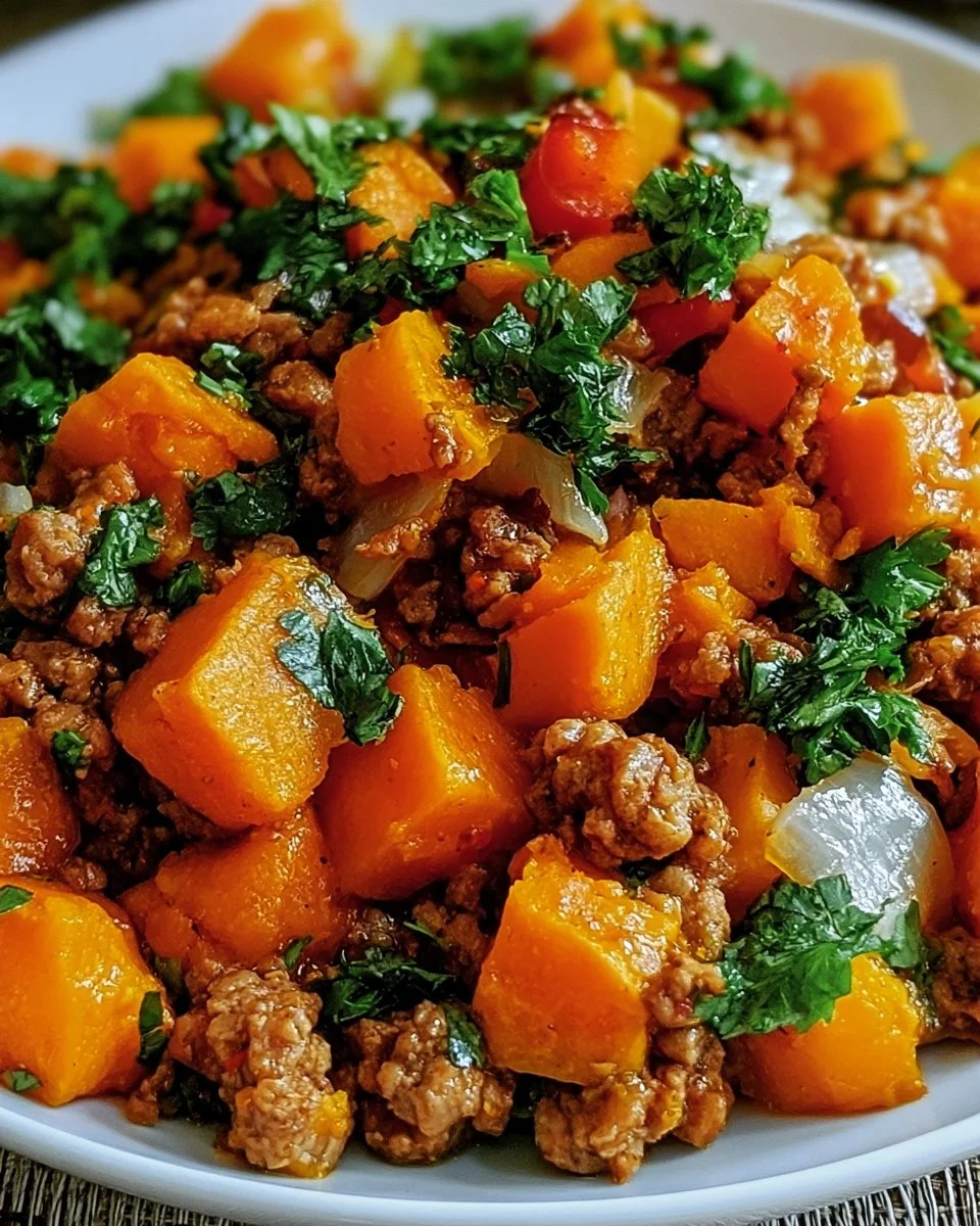 Healthy ground turkey sweet potato skillet recipe with colorful vegetables.
