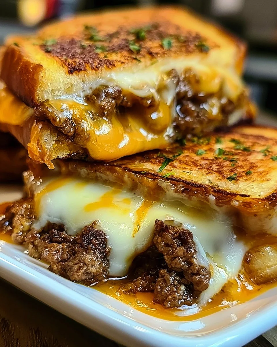 Delicious hamburger grilled cheese sandwich with melted cheese and ground beef