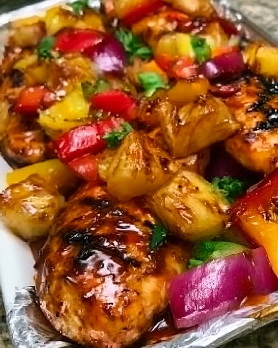 Hawaiian BBQ Chicken in pineapple foil packets for grilling