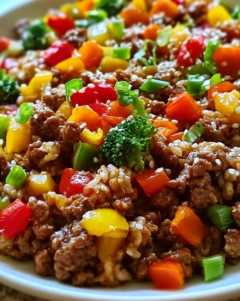 Healthy beef and pepper rice bowl with fresh ingredients and vibrant colors