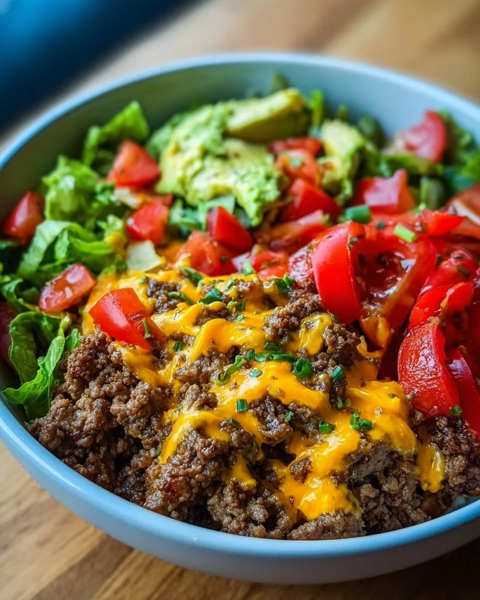 High-protein cheeseburger bowls filled with fresh ingredients and rich flavors