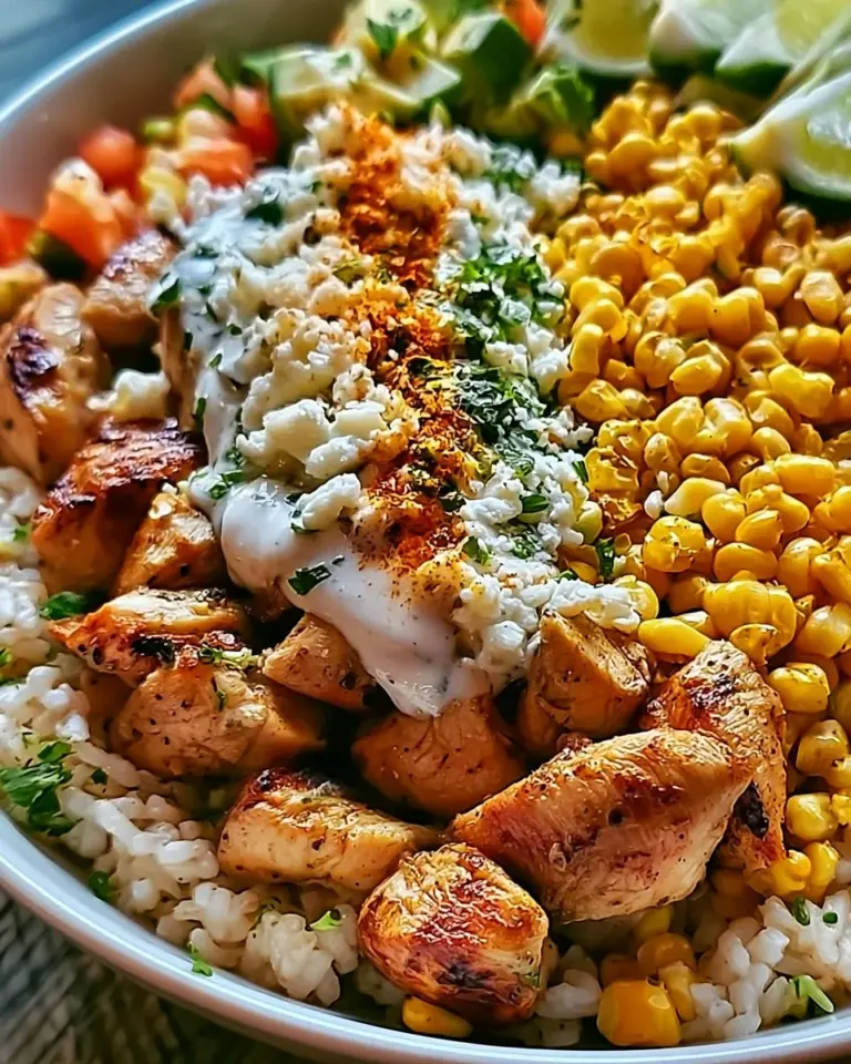 High Protein Street Corn Chicken Bowl with grilled chicken and corn