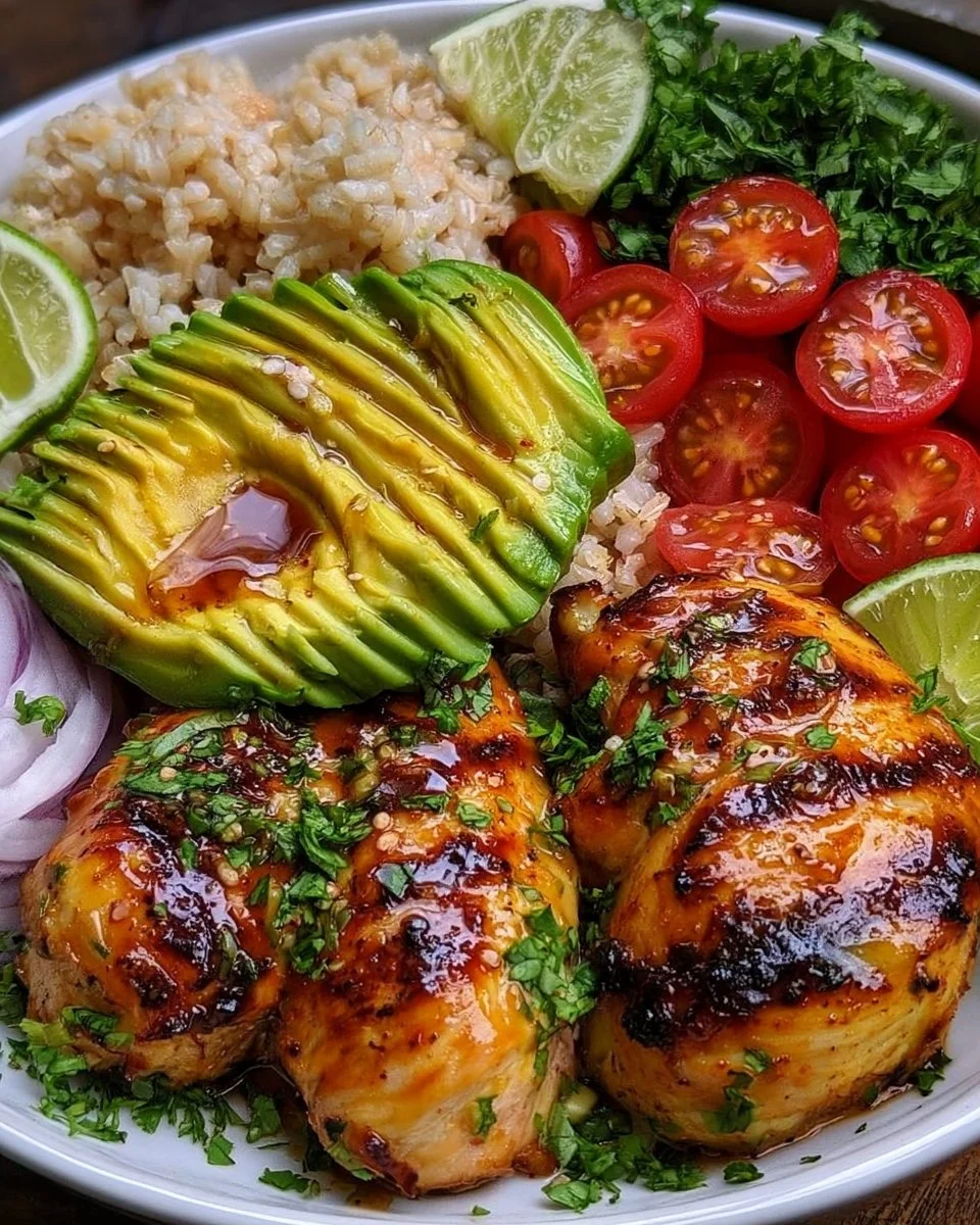 Honey Lime Chicken Avocado Bowl garnished with fresh ingredients