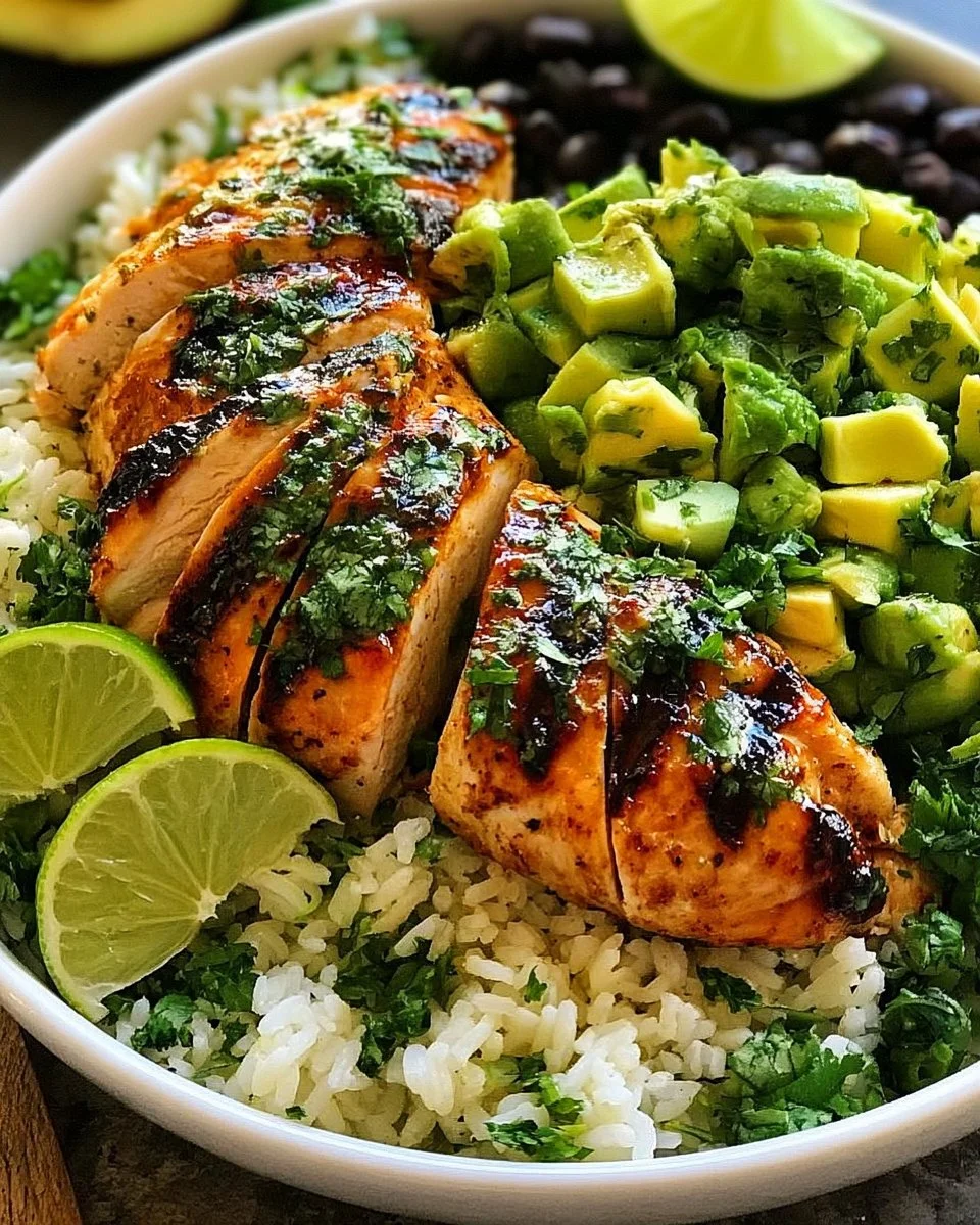 Honey Lime Chicken Avocado Rice Bowl with fresh ingredients and vibrant presentation