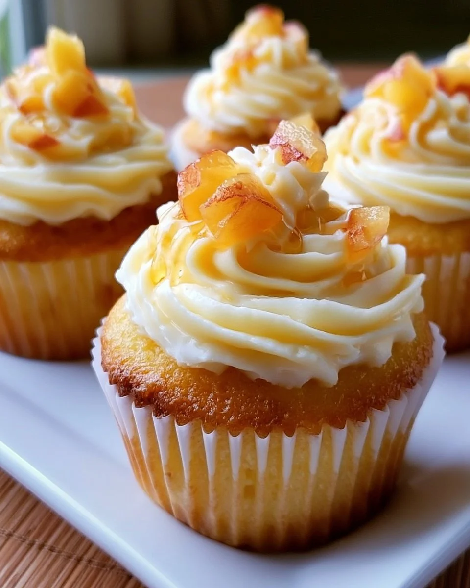 Delicious Honey Peach Cream Cheese Cupcakes with fresh peach slices
