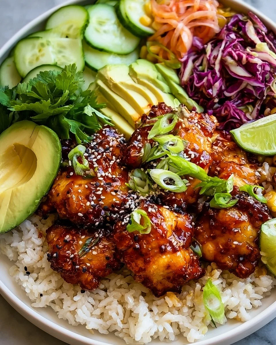Hot Honey Chicken Bowls with tender chicken and spicy honey drizzle