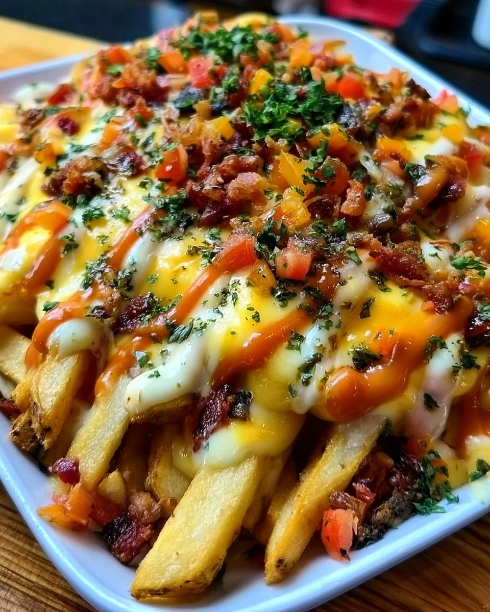 Delicious loaded dirty fries topped with cheese and garnishes