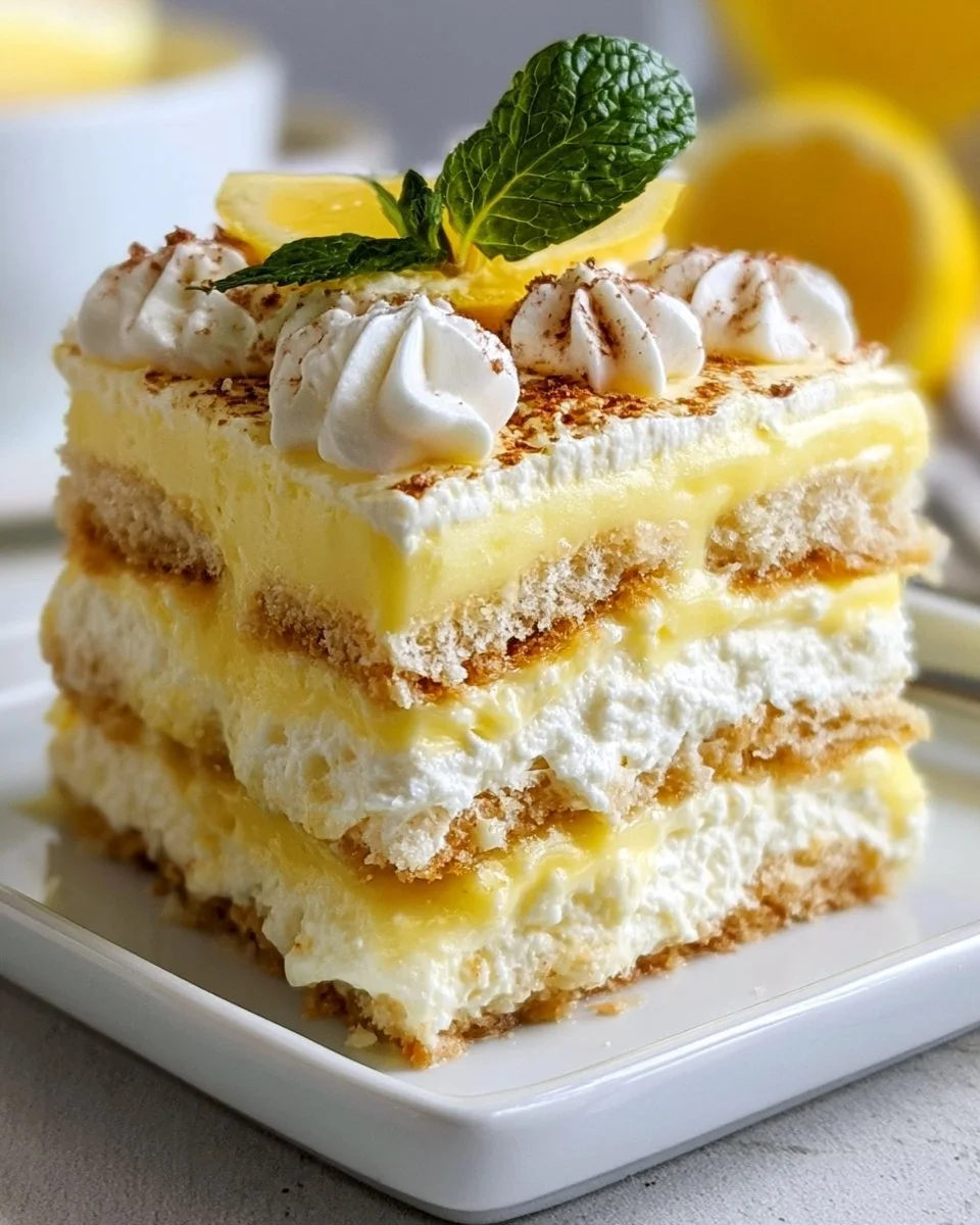 Delicious Italian Limoncello Tiramisu dessert with layers of lemon and coffee flavors.