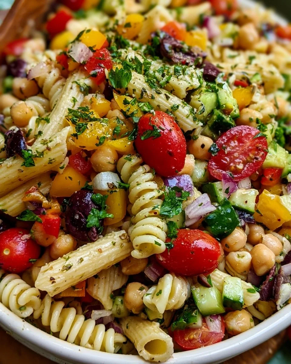 Colorful bowl of Italian Pasta Salad with fresh vegetables and dressing