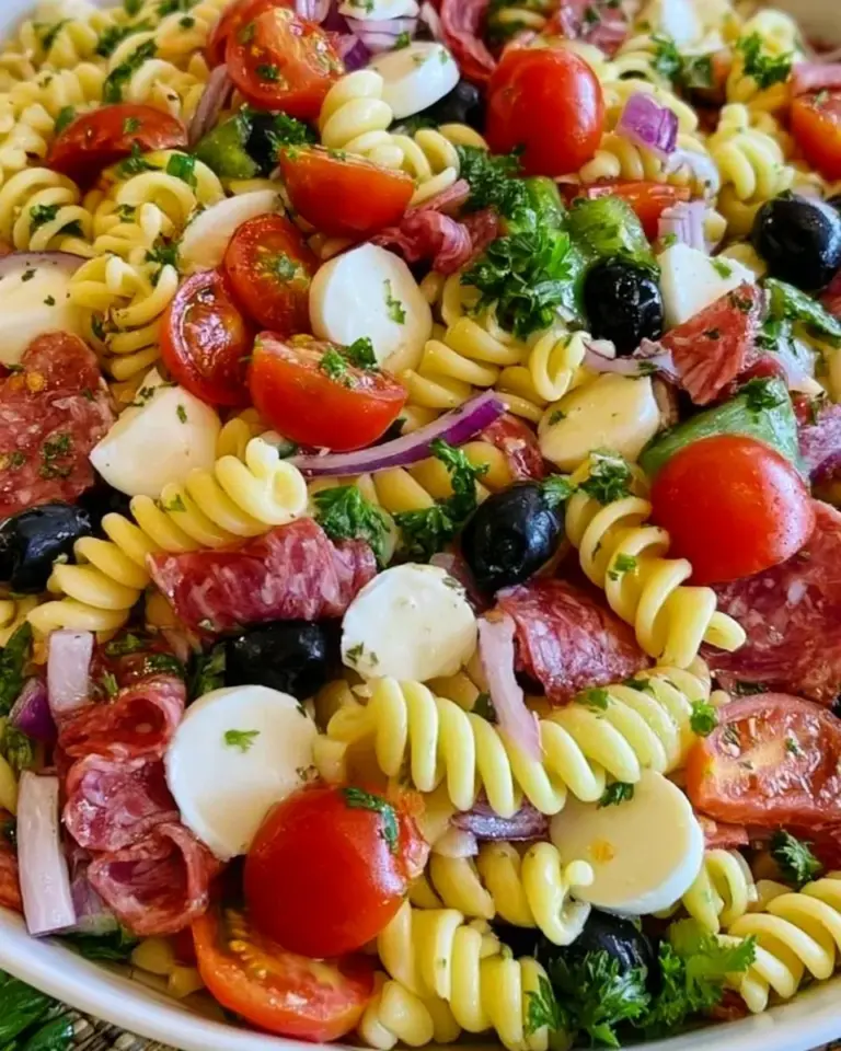 Colorful bowl of Italian pasta salad with fresh vegetables and dressing.