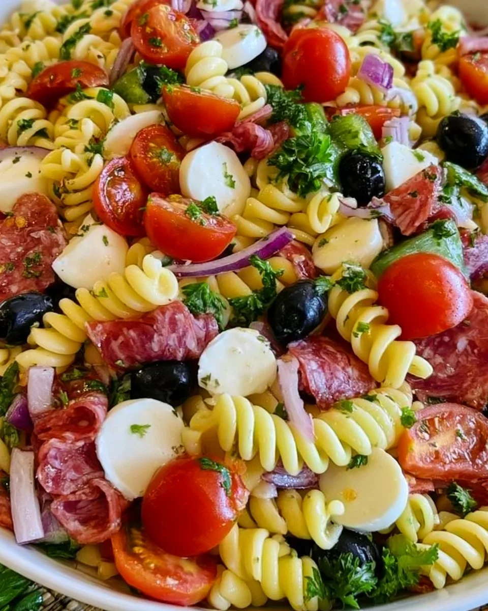 Colorful bowl of Italian pasta salad with fresh vegetables and dressing.