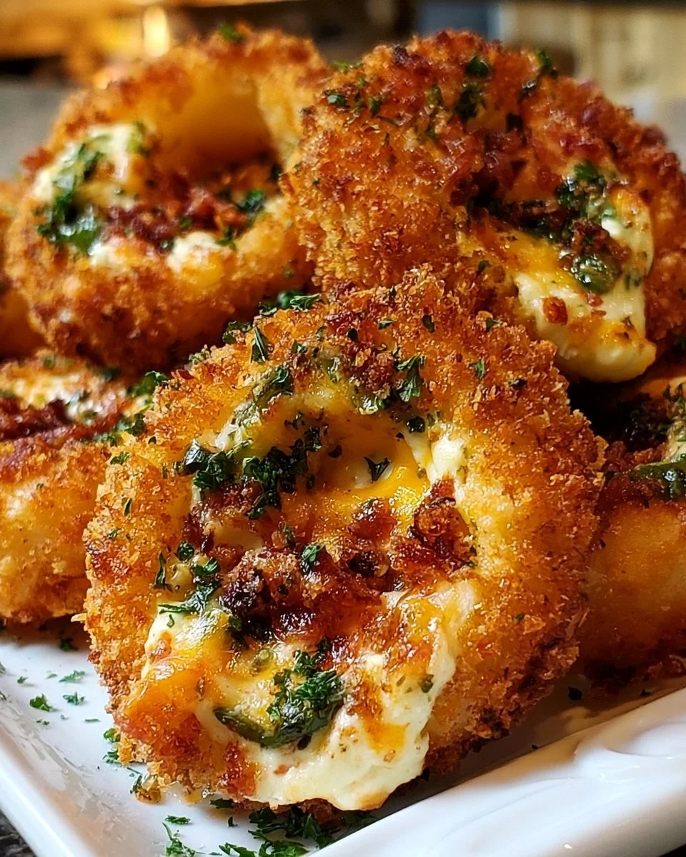 Jalapeño popper stuffed onion rings served on a plate