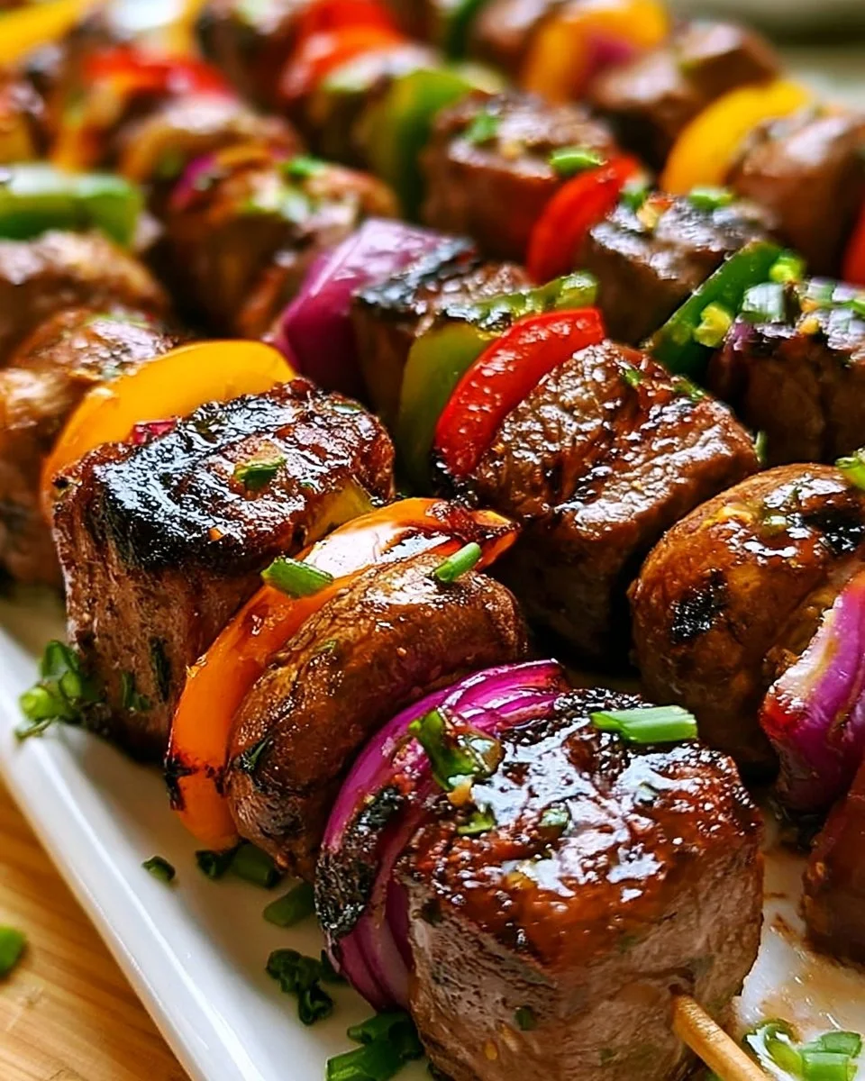 Juicy steak kebabs marinated for grilling with fresh vegetables on skewers