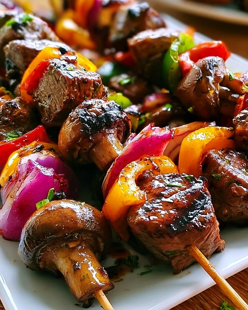 Juicy steak kebabs with savory marinade ready for grilling