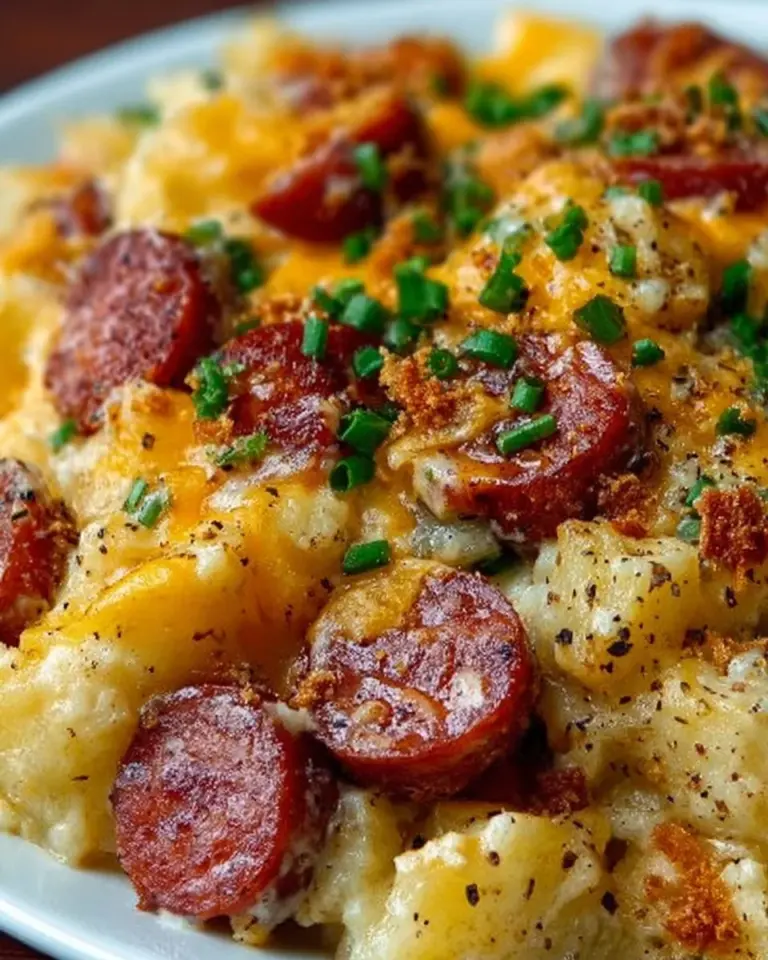 Delicious kielbasa sausage cheesy potato casserole ready to serve