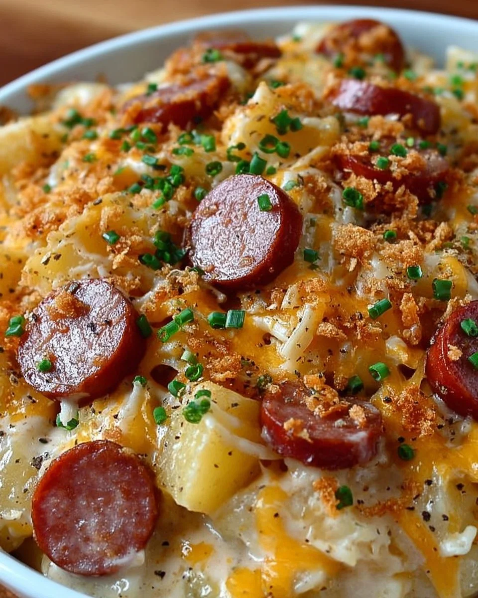 Cheesy kielbasa sausage potato casserole in a baking dish