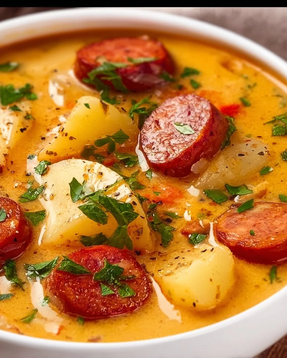 Bowl of kielbasa sausage potato soup garnished with parsley