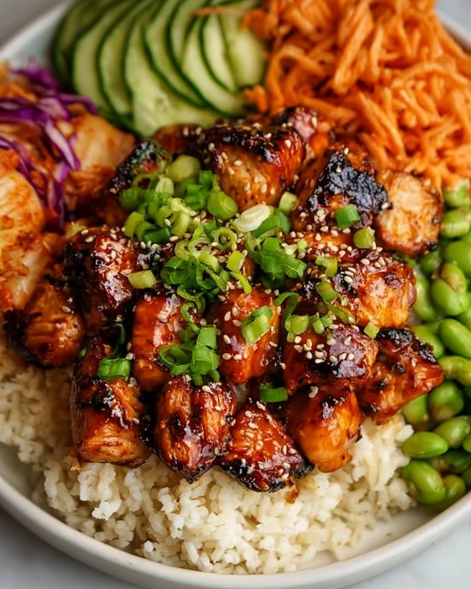 Delicious Korean BBQ Chicken bowl garnished with fresh vegetables