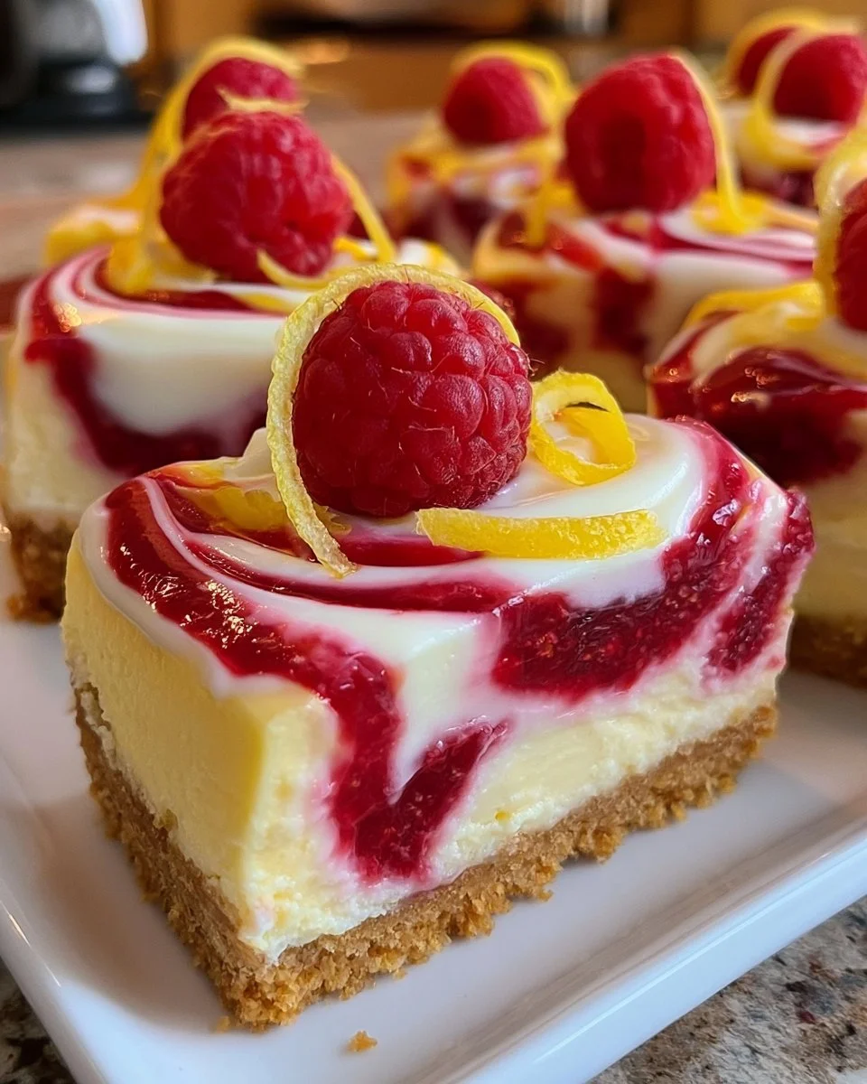Delicious Lemon Raspberry Swirl Cheesecake with tangy lemon and sweet raspberry swirls