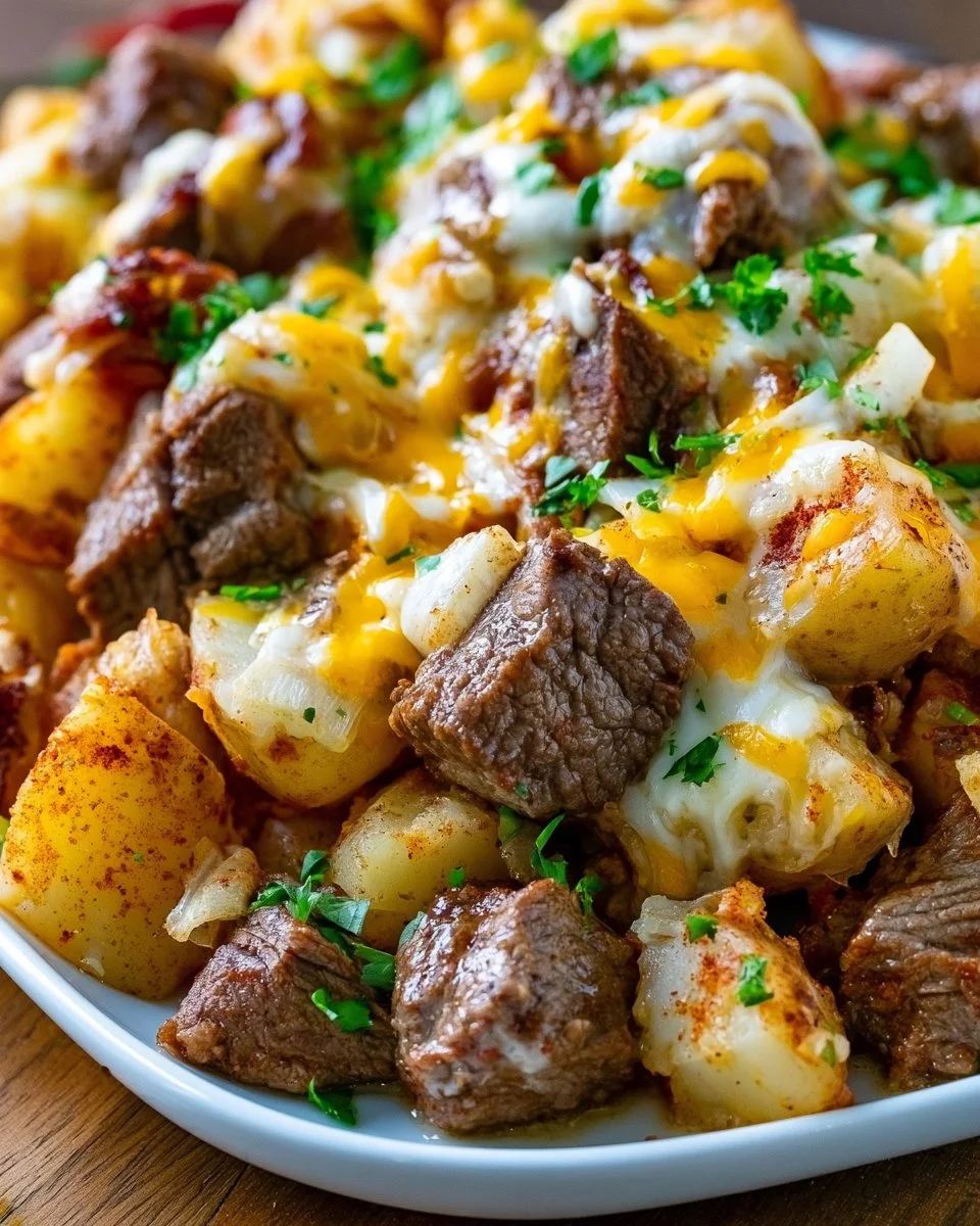 Loaded steak and potato bake with cheese and herbs ready to serve.