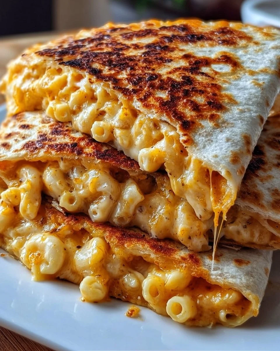 Mac and Cheese Quesadilla with melted cheese and crispy tortilla