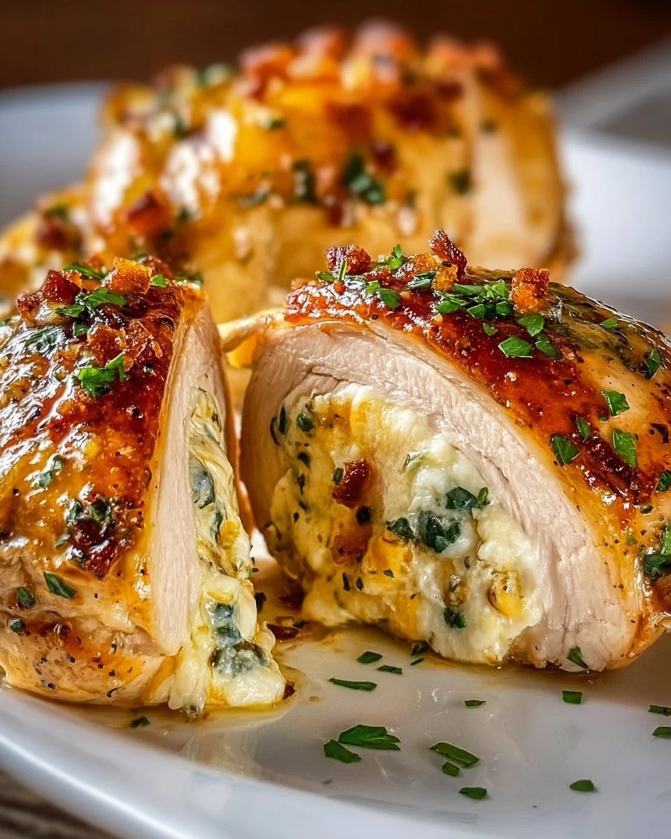 Homemade Ruth's Chris style stuffed chicken dish plated elegantly.