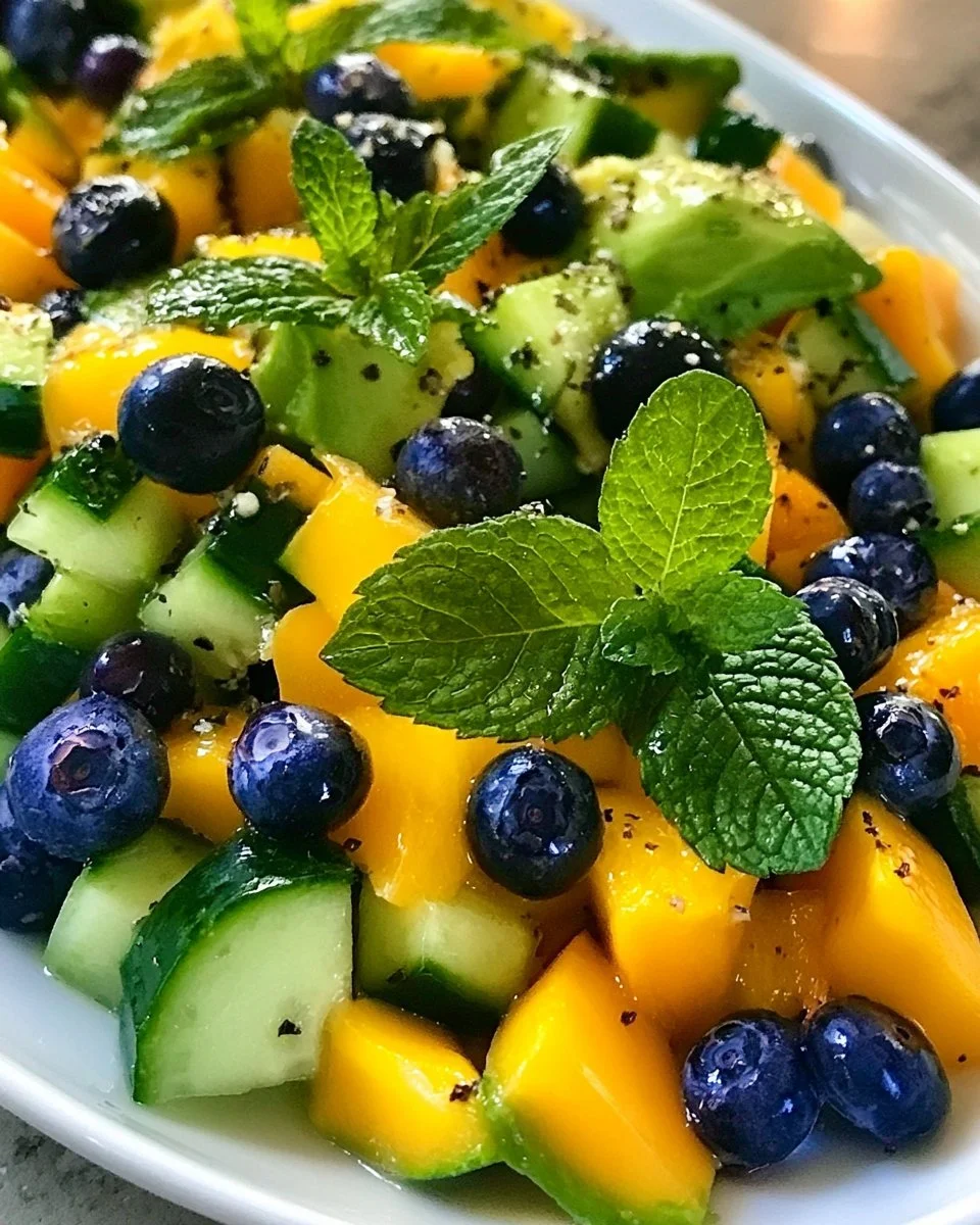 Colorful mango cucumber salad with fresh ingredients and vibrant flavors