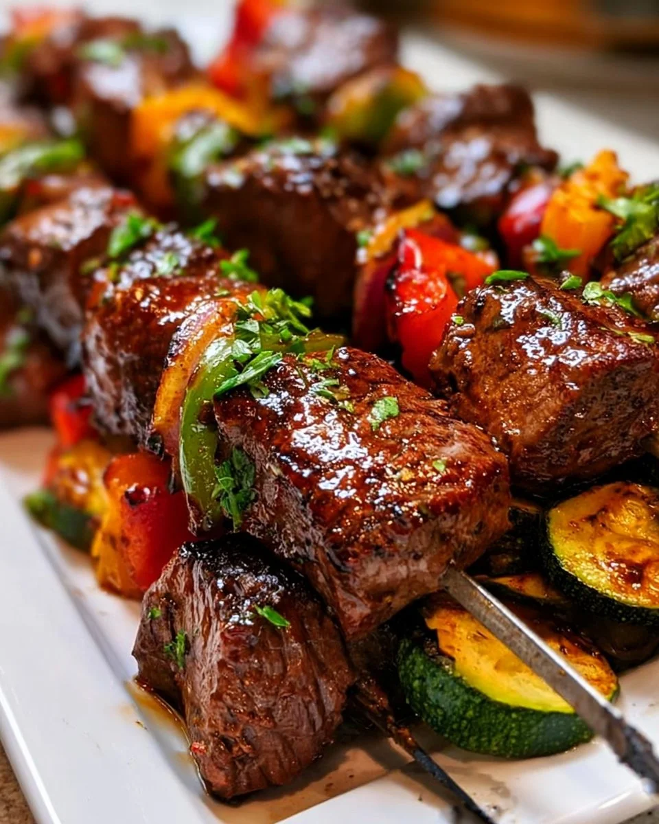 Marinated beef kebabs on skewers, perfectly grilled for a smoky flavor