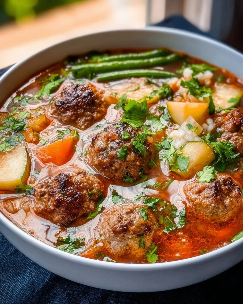 Bowl of hearty meatball soup with vegetables and herbs