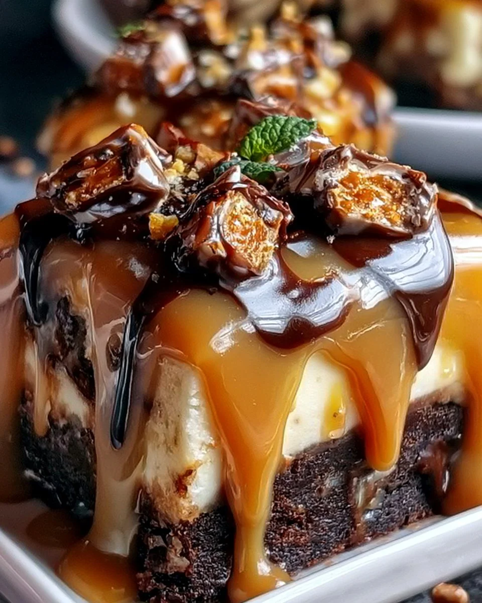 Milky Way Caramel Cheesecake Brownies on a plate, showcasing layers of caramel and cheesecake.