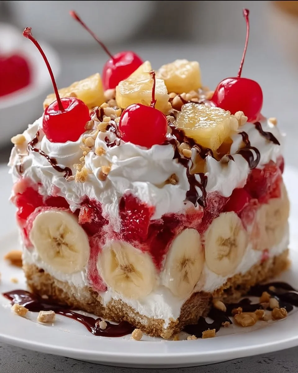 Delicious no-bake banana split ice cream cake with layers of banana and chocolate.