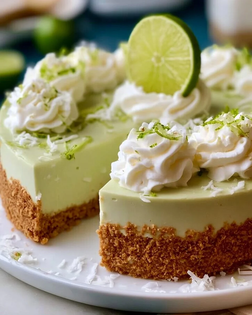 No-bake coconut lime cheesecake topped with lime zest and coconut flakes
