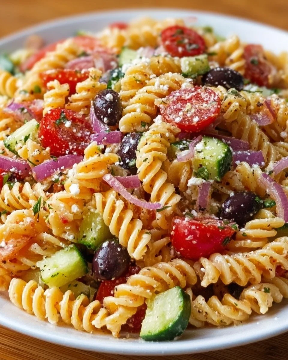 Delicious Olive Garden inspired pasta salad with fresh vegetables and dressing