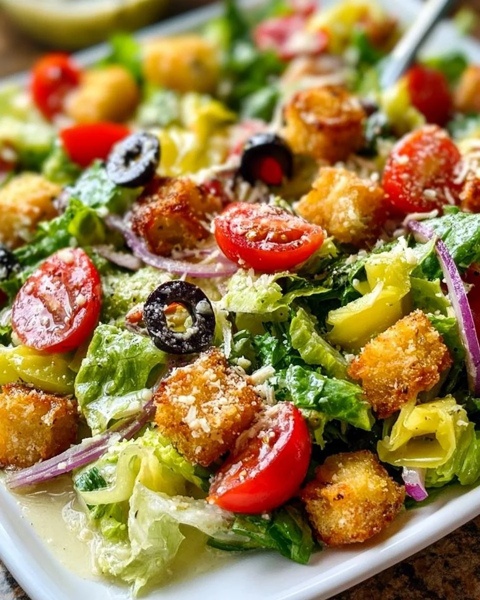 A vibrant Olive Garden Salad with mixed greens, olives, and dressing in a bowl.