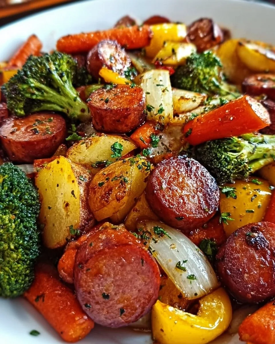 One-Pan Honey Garlic Kielbasa with colorful veggies on a plate