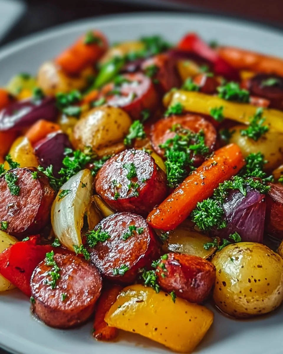 One-Pan Honey Garlic Kielbasa with colorful vegetables