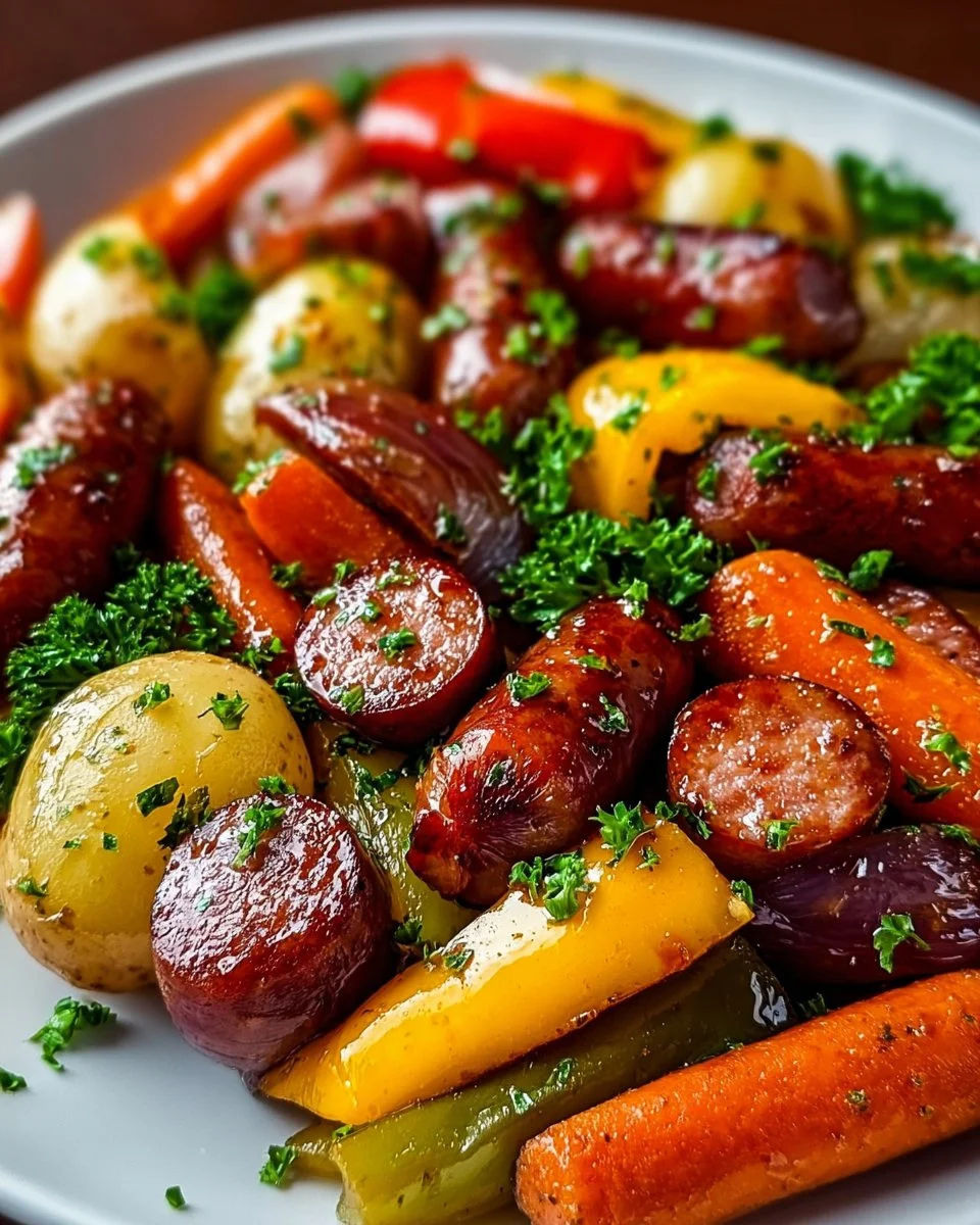 One-pan honey garlic kielbasa with colorful veggies for an easy dinner
