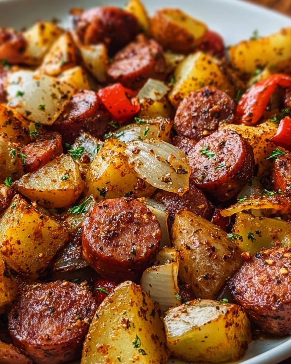 One Pan Kielbasa and Potatoes dish served on a plate